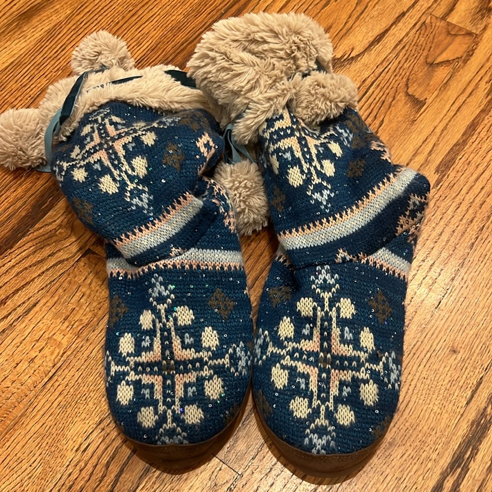 Muk Luks Blue and Brown Knit Women's Slipper Boots M 7-8